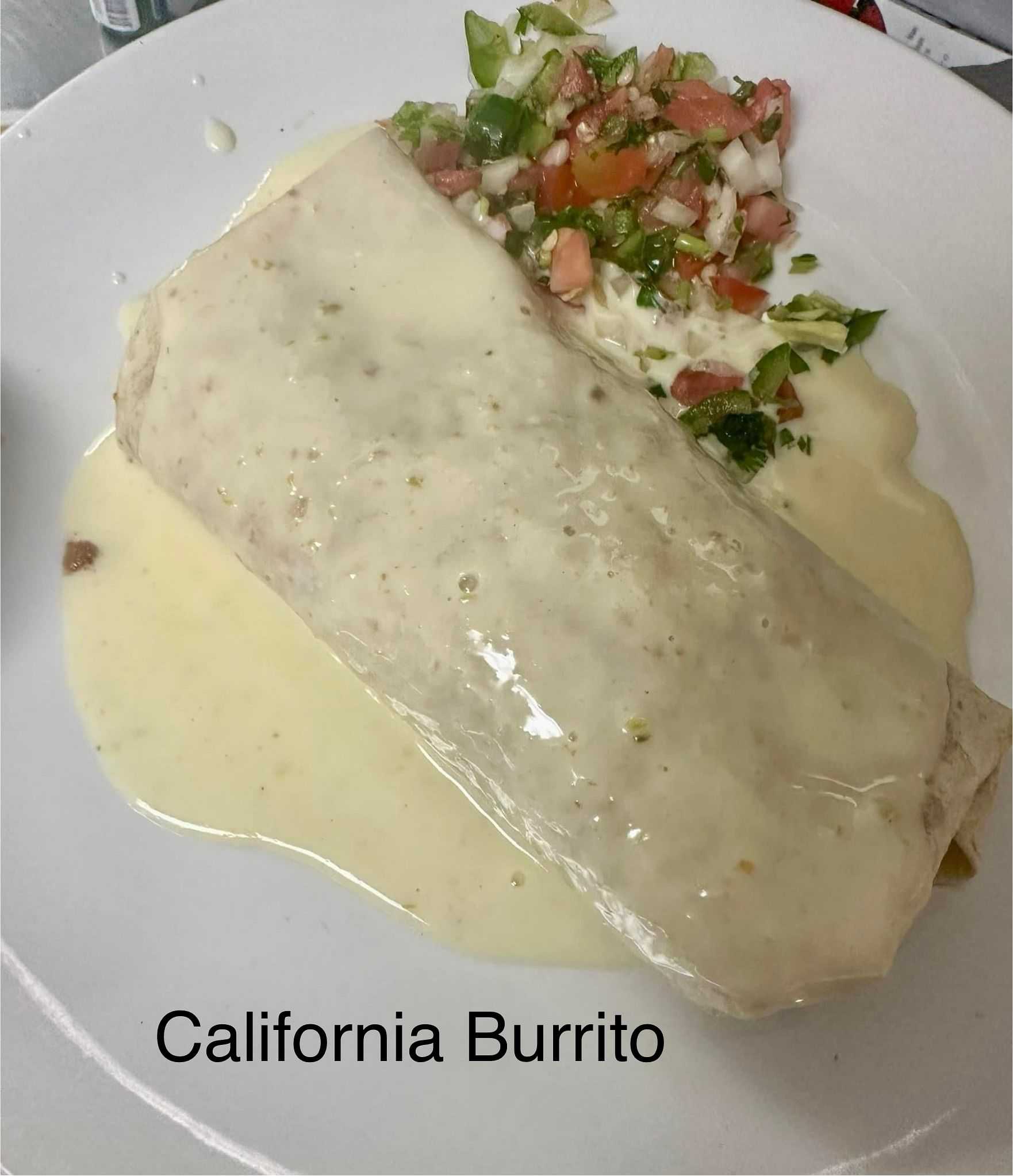 A California Burrito with cheese sauce and a side of pico de gallo on a white plate.